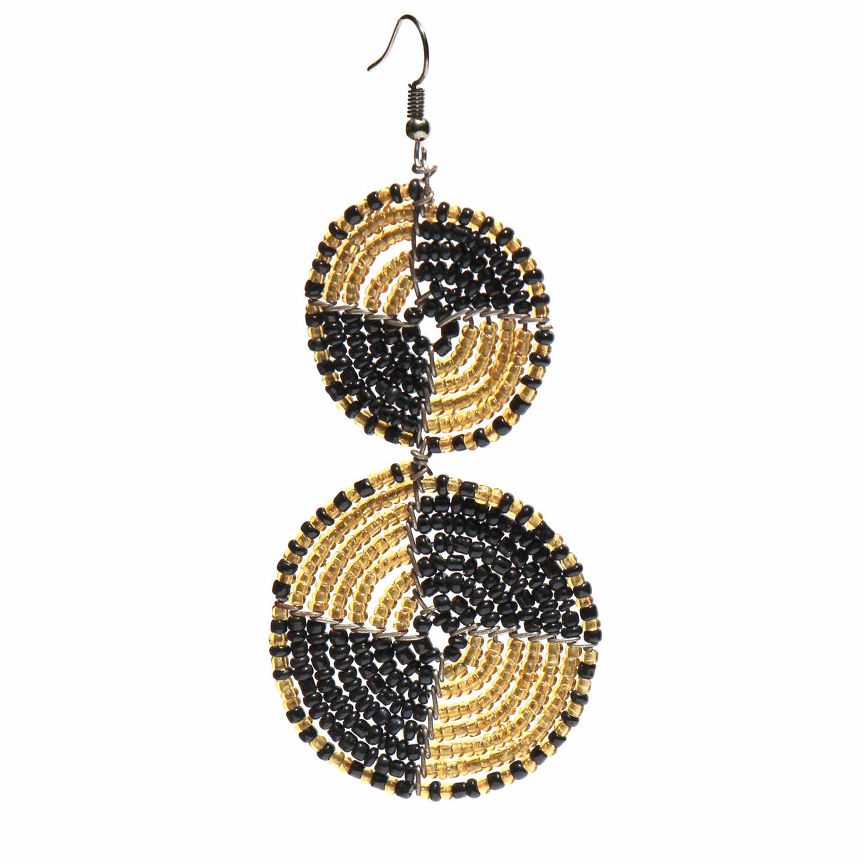 Maasai Bead Double Circle Dangle Earrings, Gold and Black