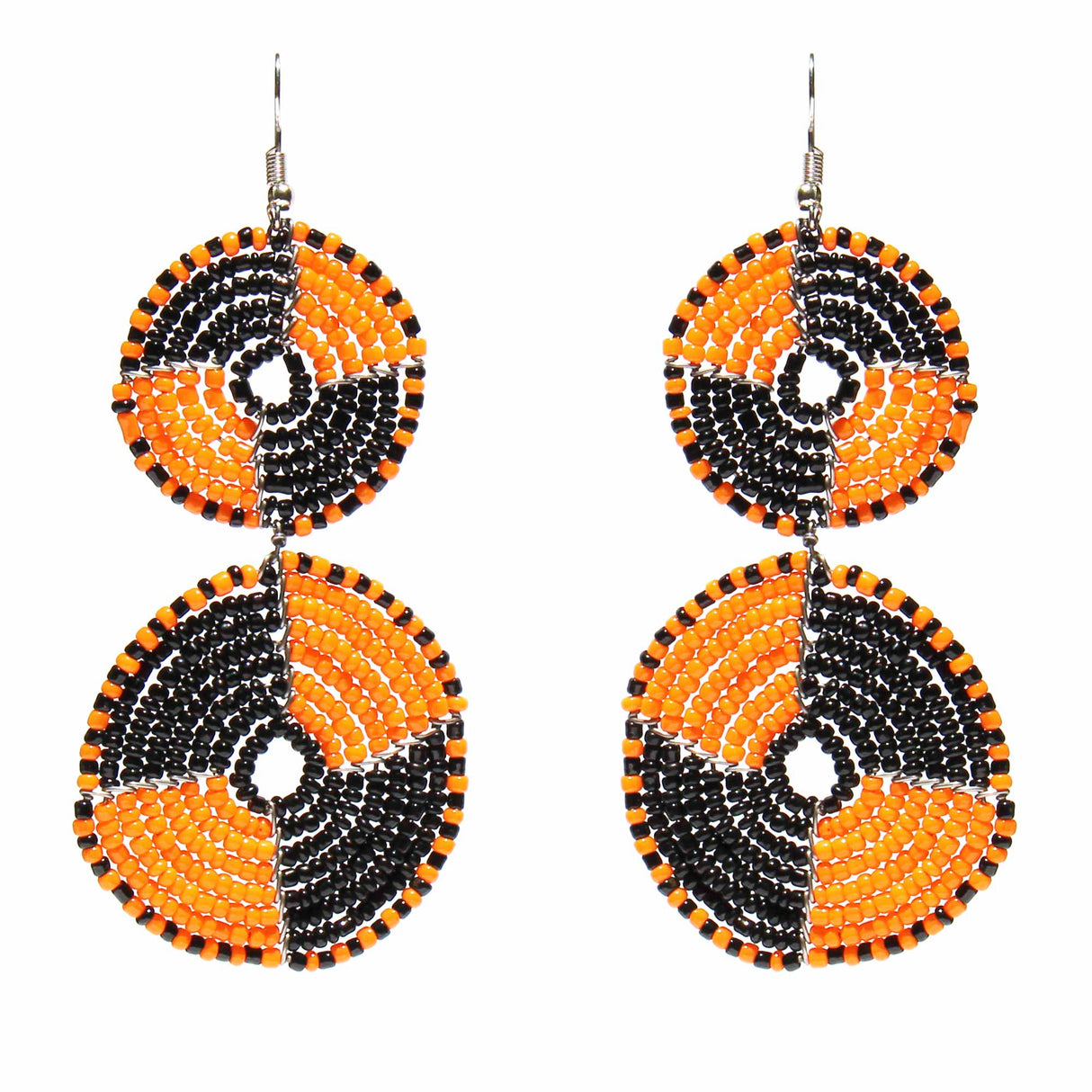 Maasai Bead Double Circle Dangle Earrings, Mango Orange and Black