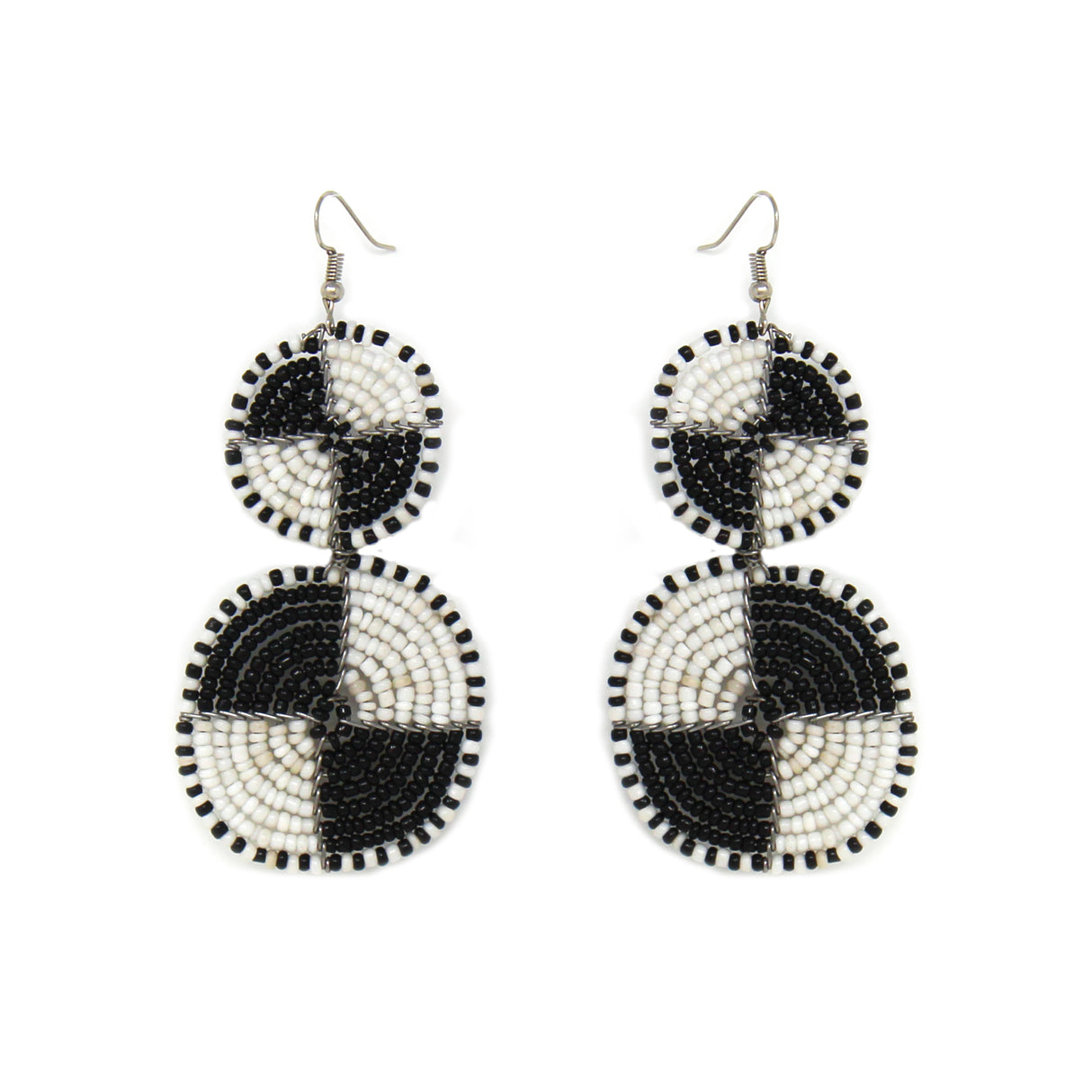 Maasai Bead Double Circle Dangle Earrings, White and Black