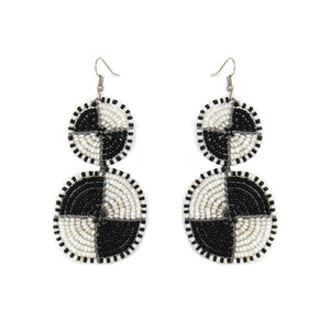 Maasai Bead Double Circle Dangle Earrings, White and Black