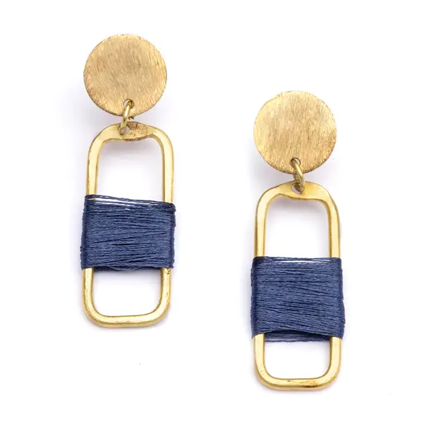 Kaia Gold Drop Earrings in Navy Thread Wrapped Rectangle