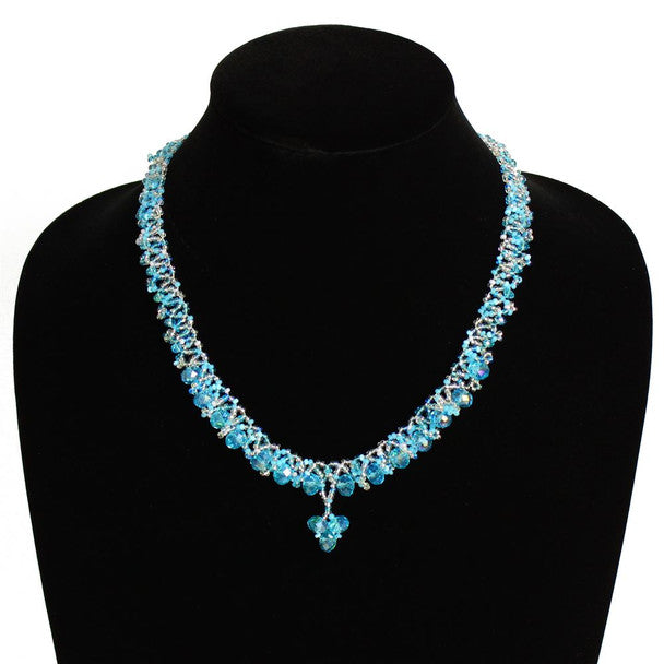 Lace Drop Necklace Woven Bead Crystals Magnetic Clasp Light Blue 18"