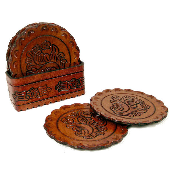 Leather Coaster Set of 6- Round Tooled Western Design with Tray