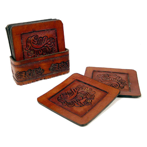 Leather Coaster Set of 8 - Square Tooled with Tray