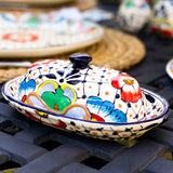 Handmade Pottery Butter Dish, Dots & Flowers