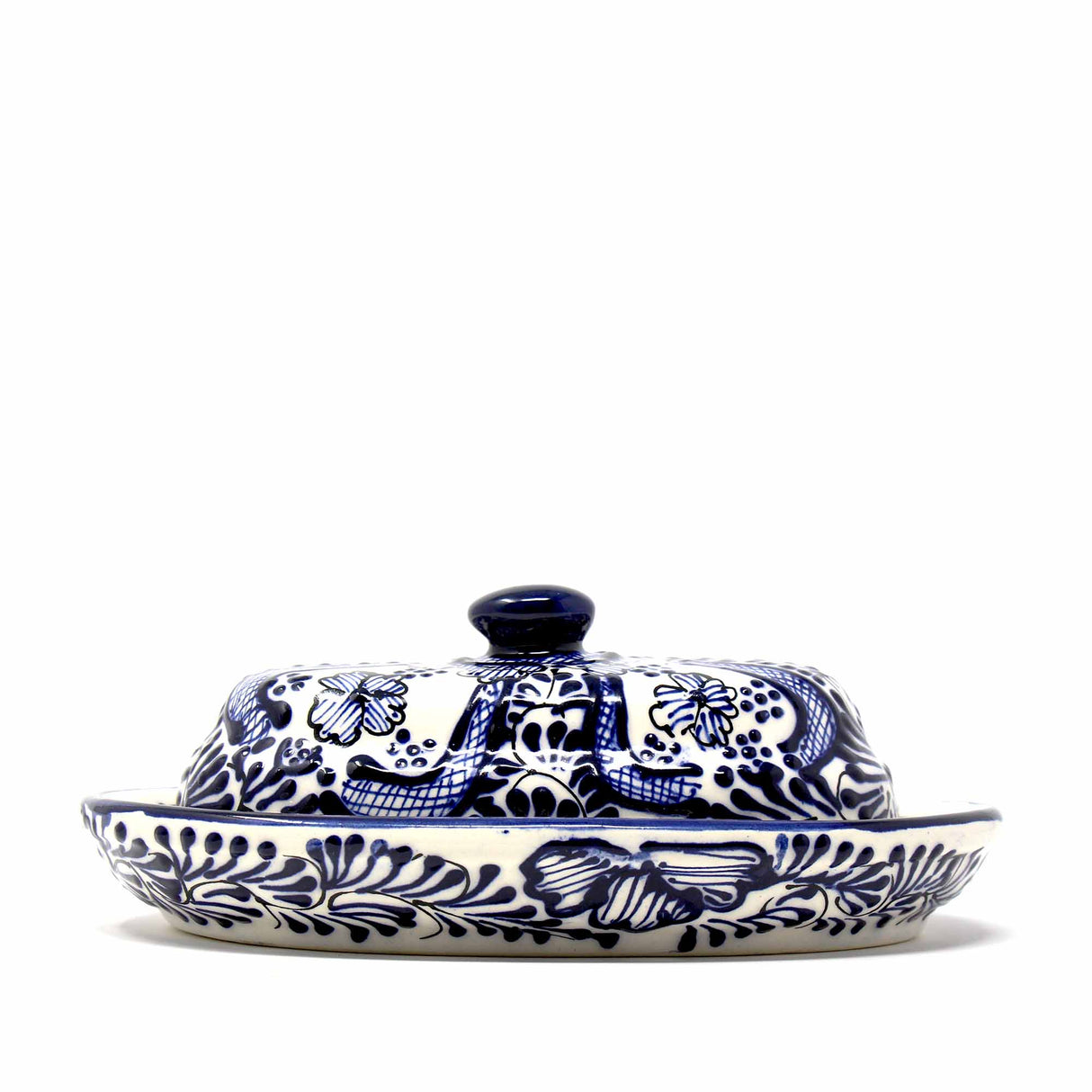 Handmade Pottery Butter Dish, Blue Flower