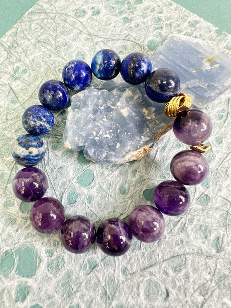 Amethyst And Blue Lapis Chunky men's Bracelet MEB03-1