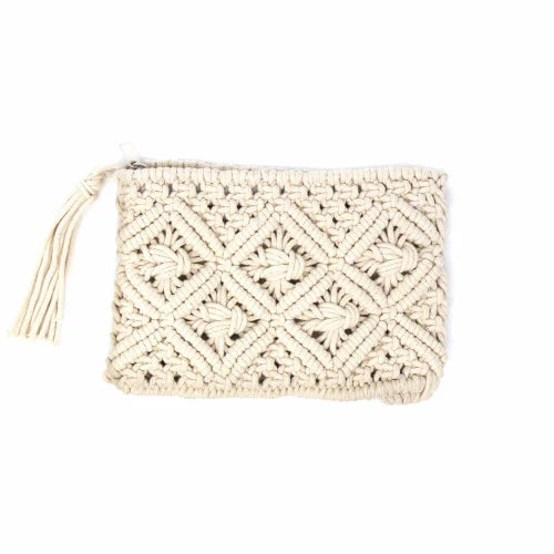 Macrame Clutch with Tassel, Cream