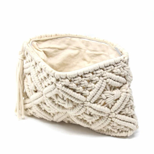 Macrame Clutch with Tassel, Cream