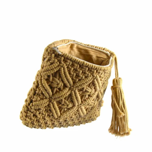 Macrame Clutch with Tassel, Tan