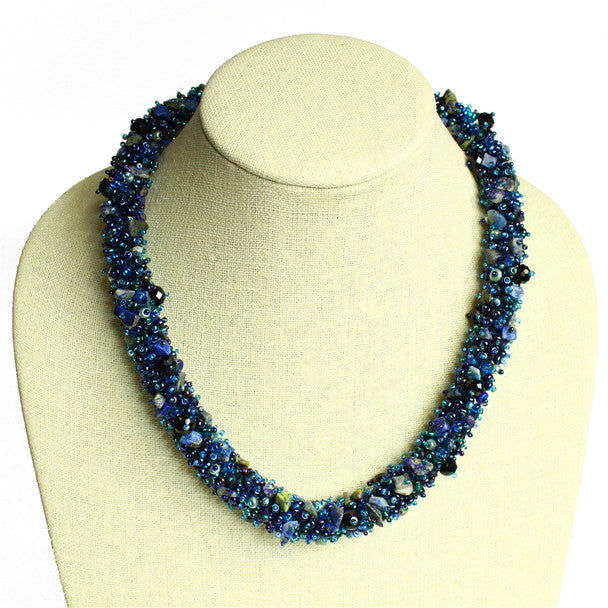 Magnetic Clasp Glass Blue 2.5" x 22.5 " Long Elegant Necklace Hand Beaded