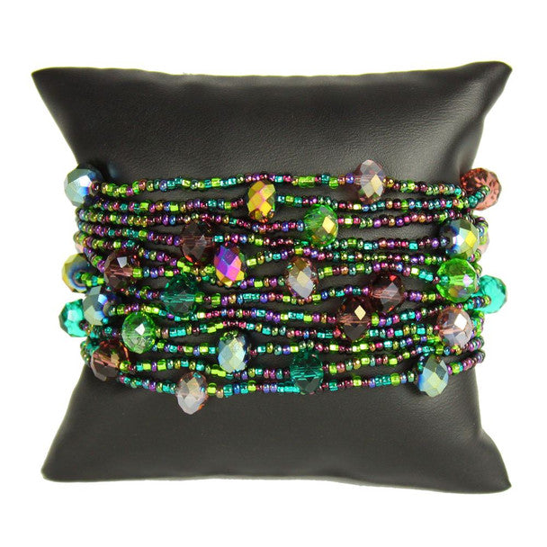 Mayan Green Oasis Gleaming Crystals and Glass Beads Twelve Strands 3" Wide Bracelet