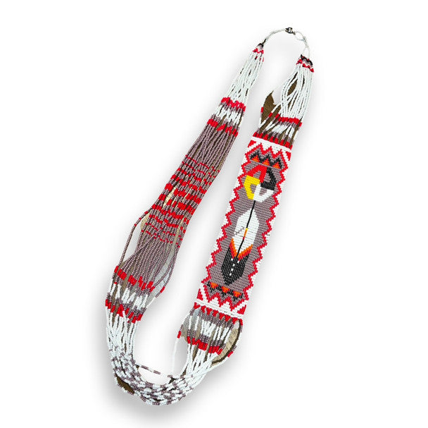 Medicine Wheel and Feather Story Necklace White and Mauve Beaded Guatemala Magnetic Clasp