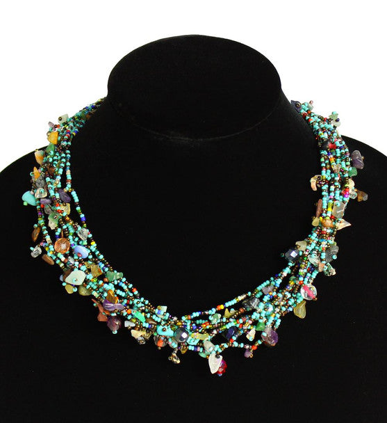 Multi Strands Magnetic Clasp Glass 19" Long Multicolor Turquoise and Bronze Splash Necklace Hand Beaded