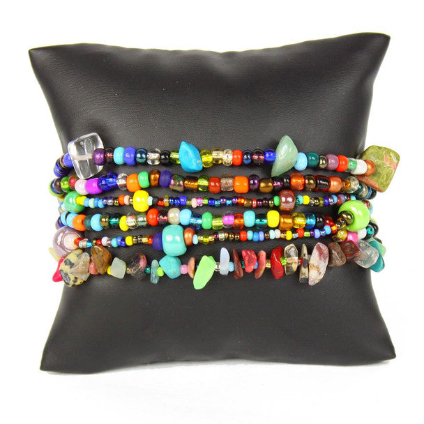 Multicolor Beads Six Strands 3" Wide Bracelet Double Magnetic Clasp