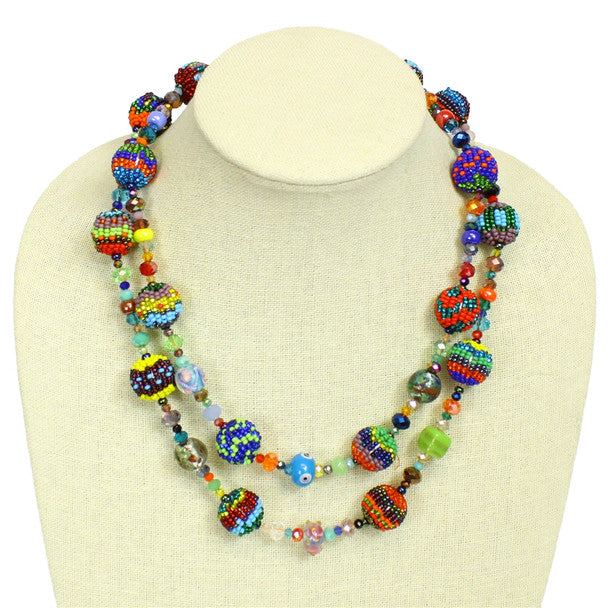 Multicolored Maya Necklace Double Strand Design Crystal Glass Beads Fiesta Fine Art