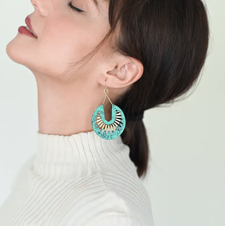 Nihira Teal Patina Dangling Hoop Earrings