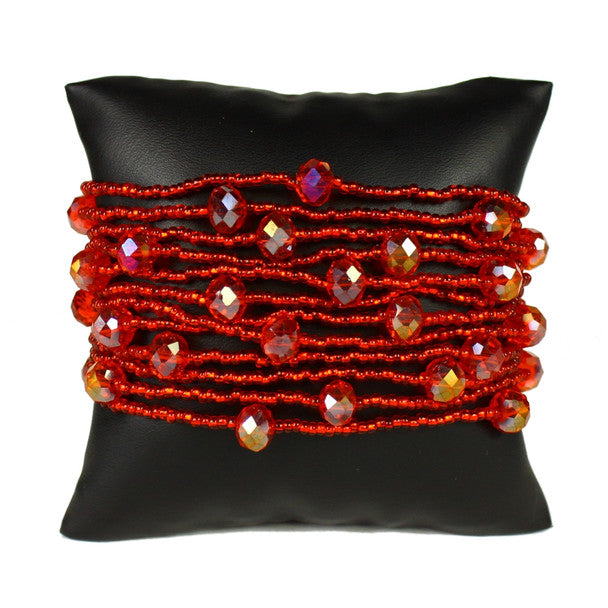 Red Gleaming Crystals and Glass Beads Twelve Strands 3" Wide Bracelet