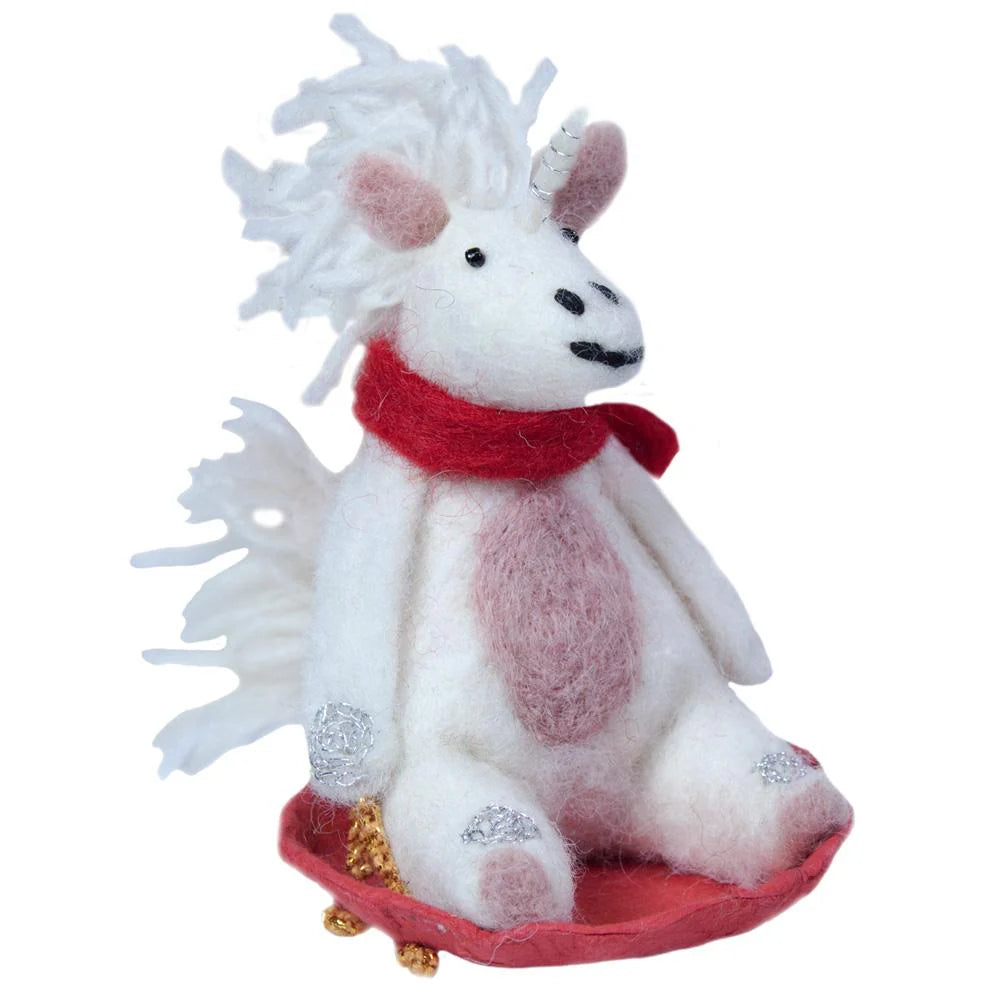 Sledding Unicorn Felt Ornament