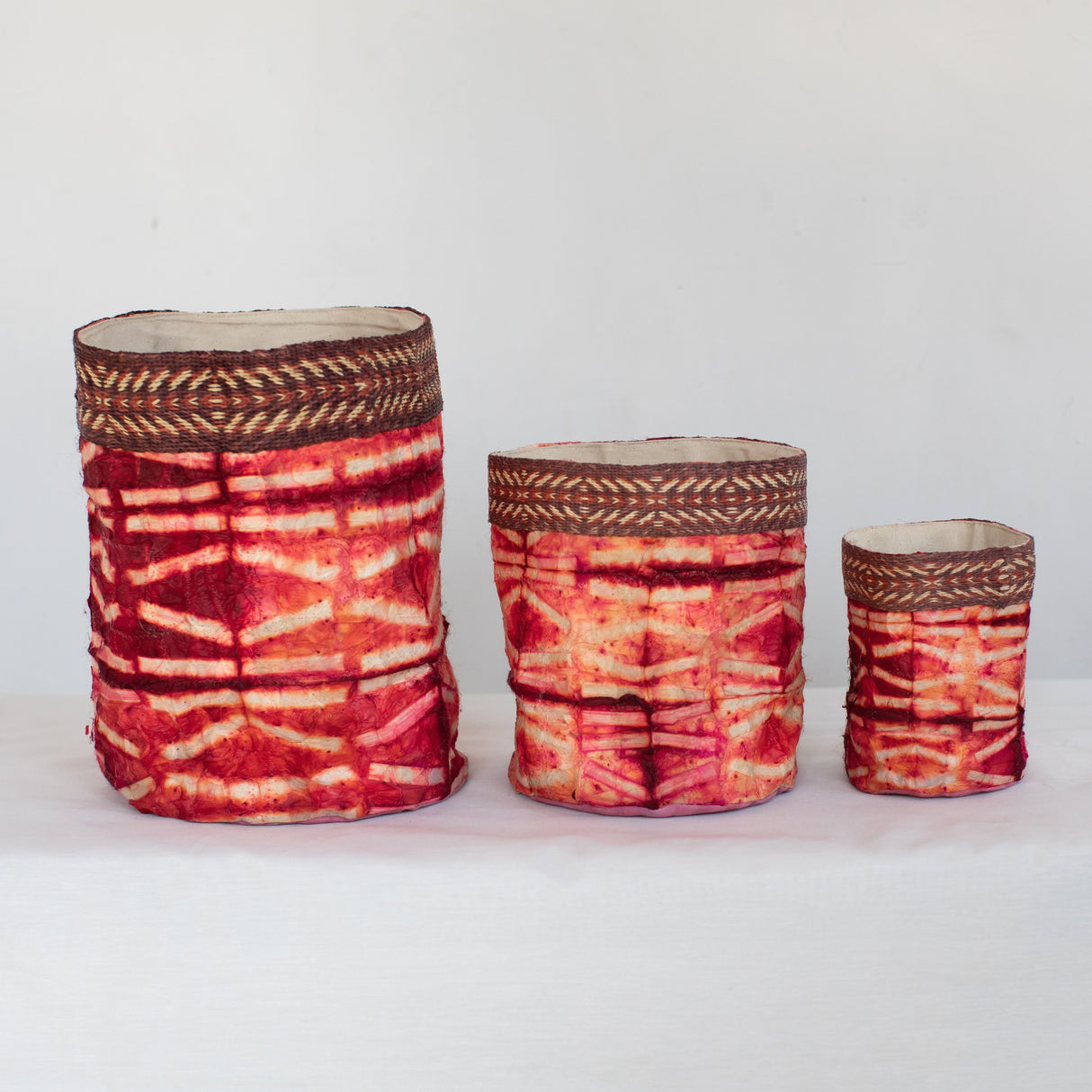 Wild Silk Shibori Basket - Stick Pattern - Ruby & Natural