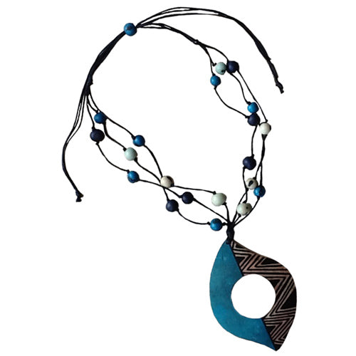 Teal Tribal Design Gourd Pendant with Acai Seeds