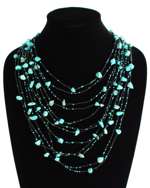 Turquoise and Black Cascade Necklace Woven Bead Crystals Magnetic Clasp 24" Beaded Guatemala Jewelry