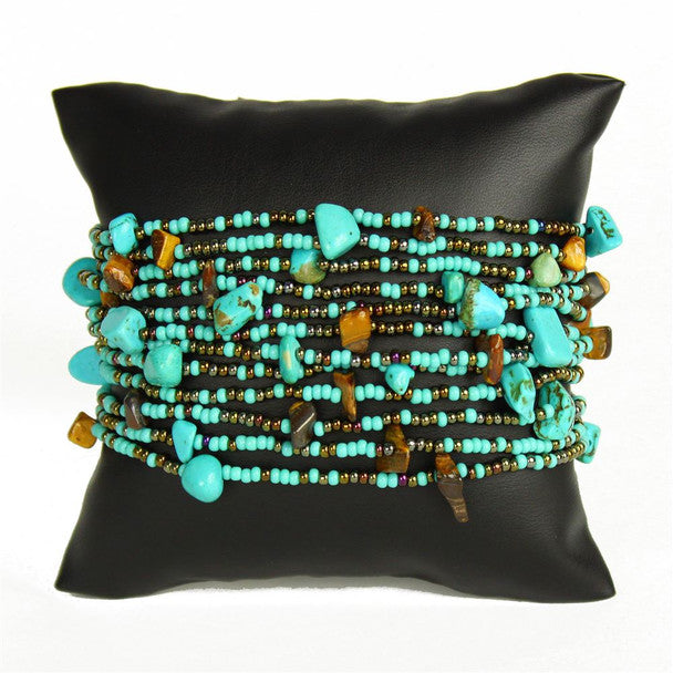 Turquoise and Bronze Stones and Glass Beads Twelve Strands 3" Wide Bracelet