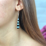 Taxco Silver Black Onyz & Abalone Zebra Long Teardrop Earrings