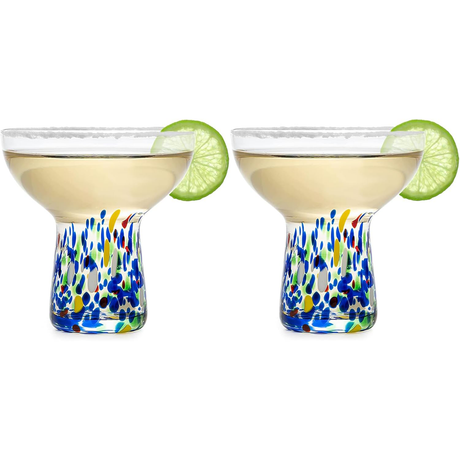 Stemless Margarita Glass – Set of 2-14OZ Luxury Hand Blown Confetti Margaritas, for Cocktails, Water, Wine, Dessert, Martini & Champagne Glasses Cinco de Mayo, Hand Blown Glass - Mexican Confetti-0