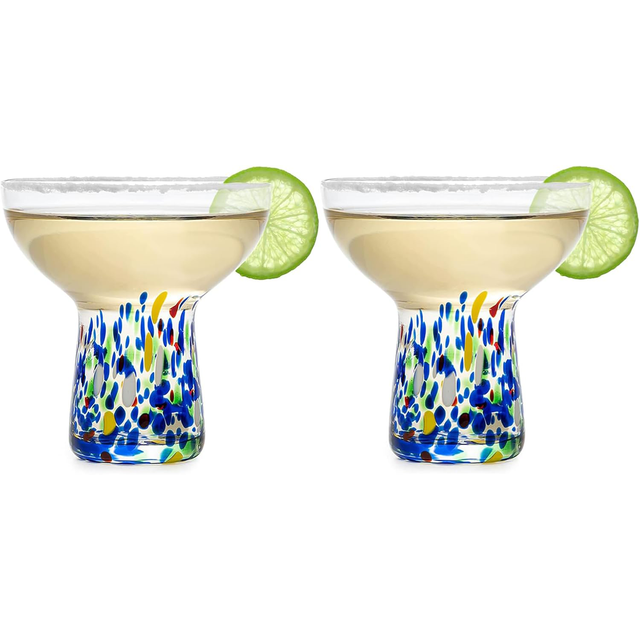 Stemless Margarita Glass – Set of 2-14OZ Luxury Hand Blown Confetti Margaritas, for Cocktails, Water, Wine, Dessert, Martini & Champagne Glasses Cinco de Mayo, Hand Blown Glass - Mexican Confetti-0