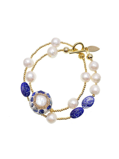 Pearls and Lapis Rhinestone Double Layers Bracelet / Choker GB050-0