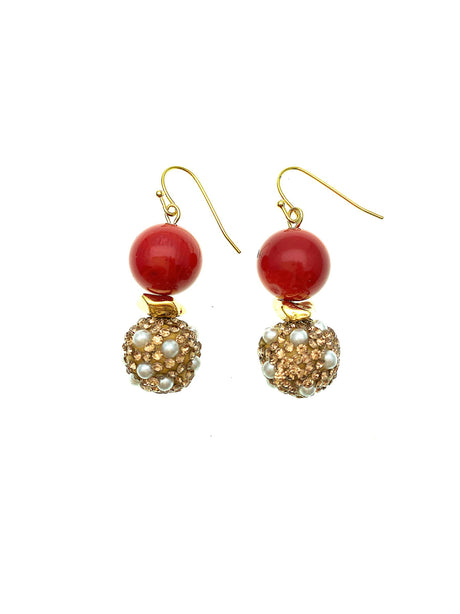 Red Coral With Rhinestones Bordered Pearls Earrings FE006-0