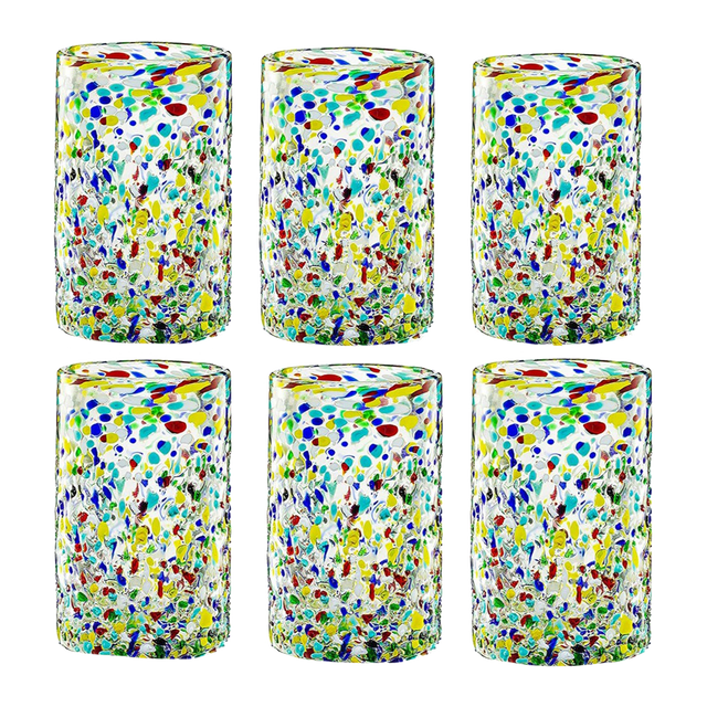 Hand Blown Mexican Drinking Glasses – Set of 6 Confetti Rock Design Glasses by The Wine Savant (Confetti)-0