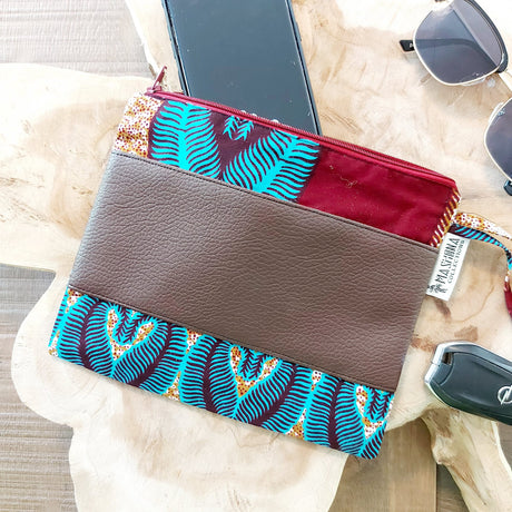 African Print Zipper Pouch | Make-up Bag | Pencil Case | Vegan Leather Detail-0