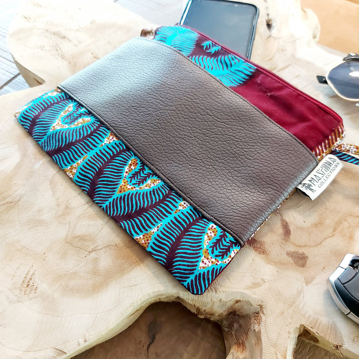 African Print Zipper Pouch | Make-up Bag | Pencil Case | Vegan Leather Detail-3