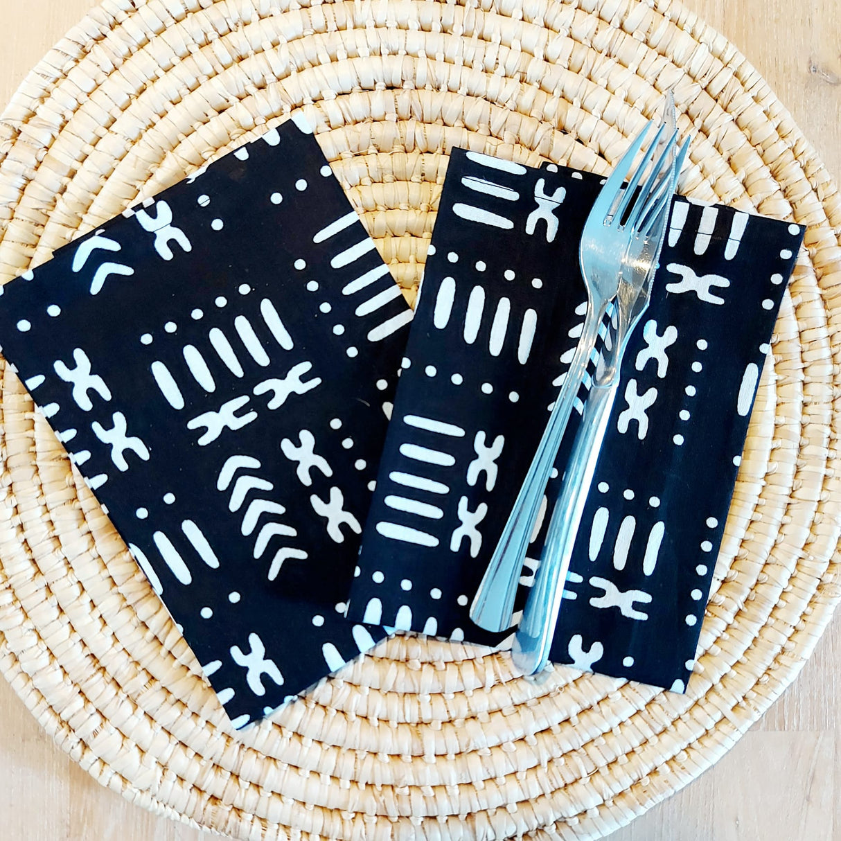 Set of 4 Napkins | 35x35cm | Black Mudcloth Print, Ankara Wax, 100% Cotton-0