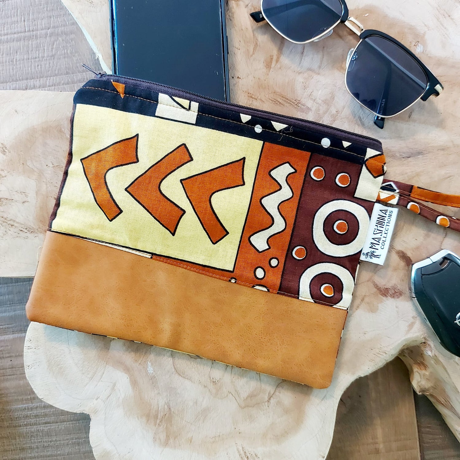 African Print Zipper Pouch | Make-up Bag | Pencil Case | Vegan Leather Detail-7