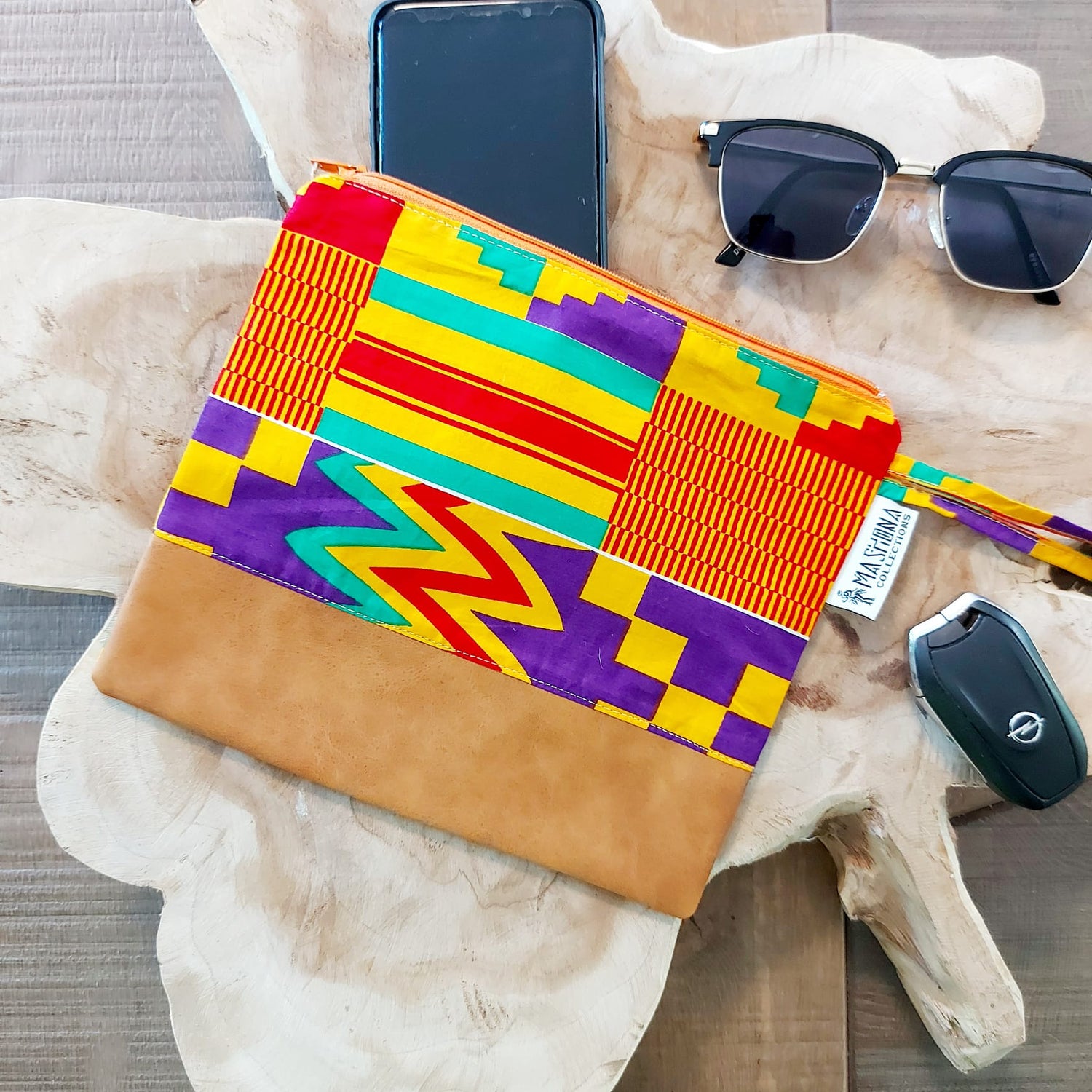 African Print Zipper Pouch | Make-up Bag | Pencil Case | Vegan Leather Detail-6