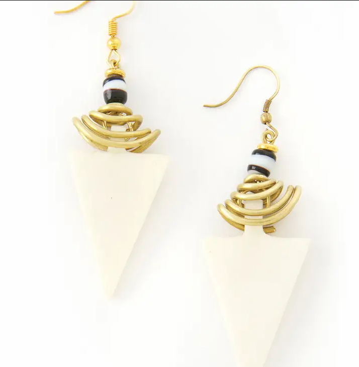 White Cow Bone & Brass Regent Earrings from Kenya