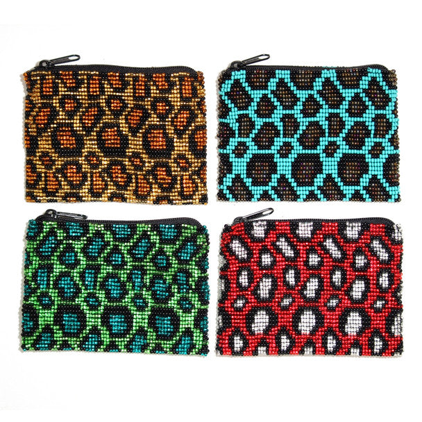 Zippered Leopard Coin Purse Beaded Color Assortment 3.5" x 4" Hand Made Guatemala Glass Beads