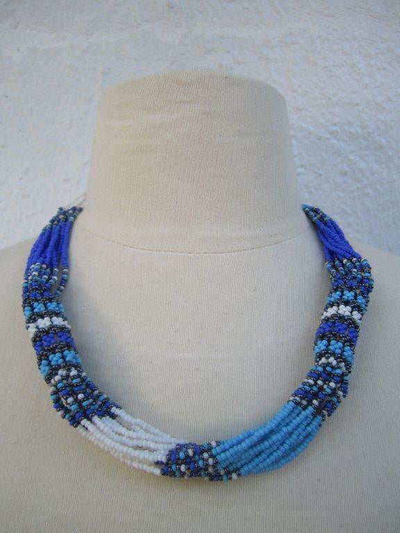 Zulu Strand Short  Necklace Blue White  and Grey 22 inches-0