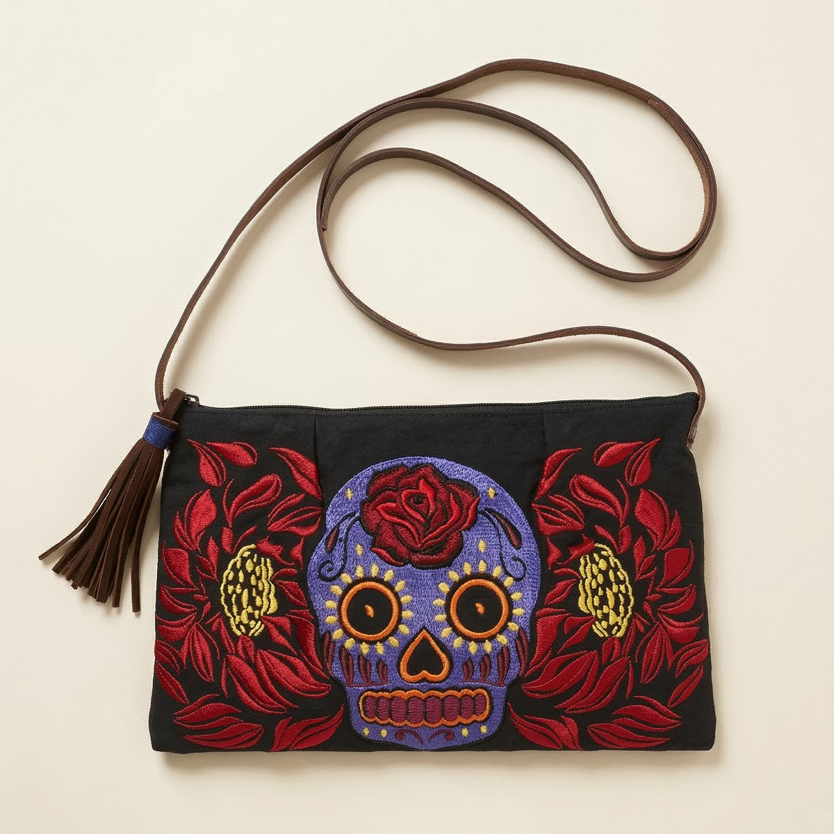 Culturas Sugar Skull Embroidered Crossbody Bag Boho Artisan Shoulder Bag Fair Trade - Thailand