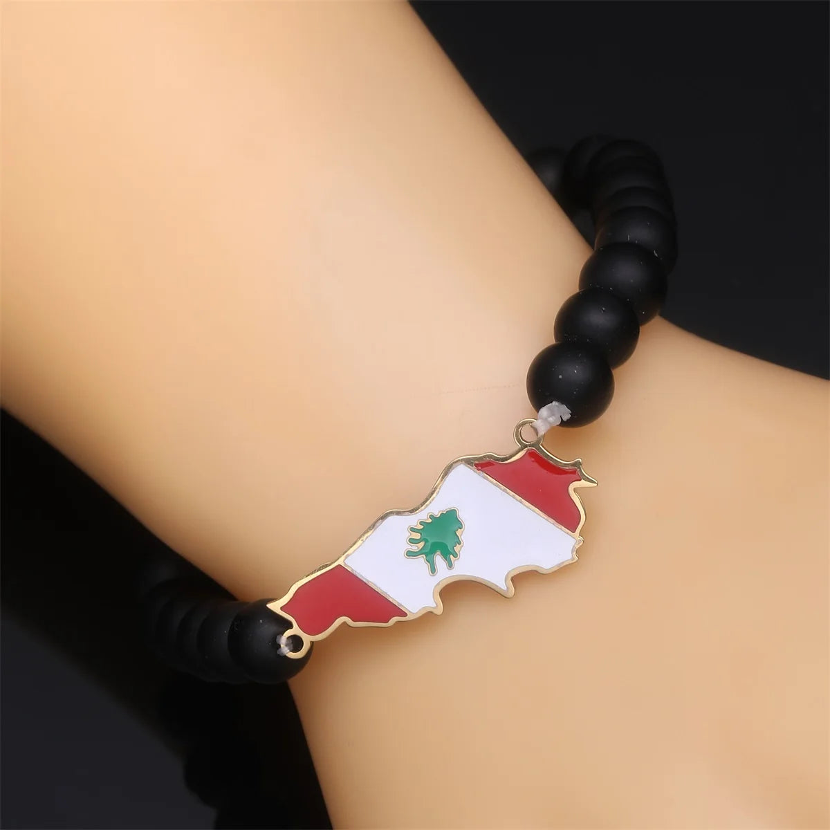 Lebanon Map With Flag Black Beads Bracelet