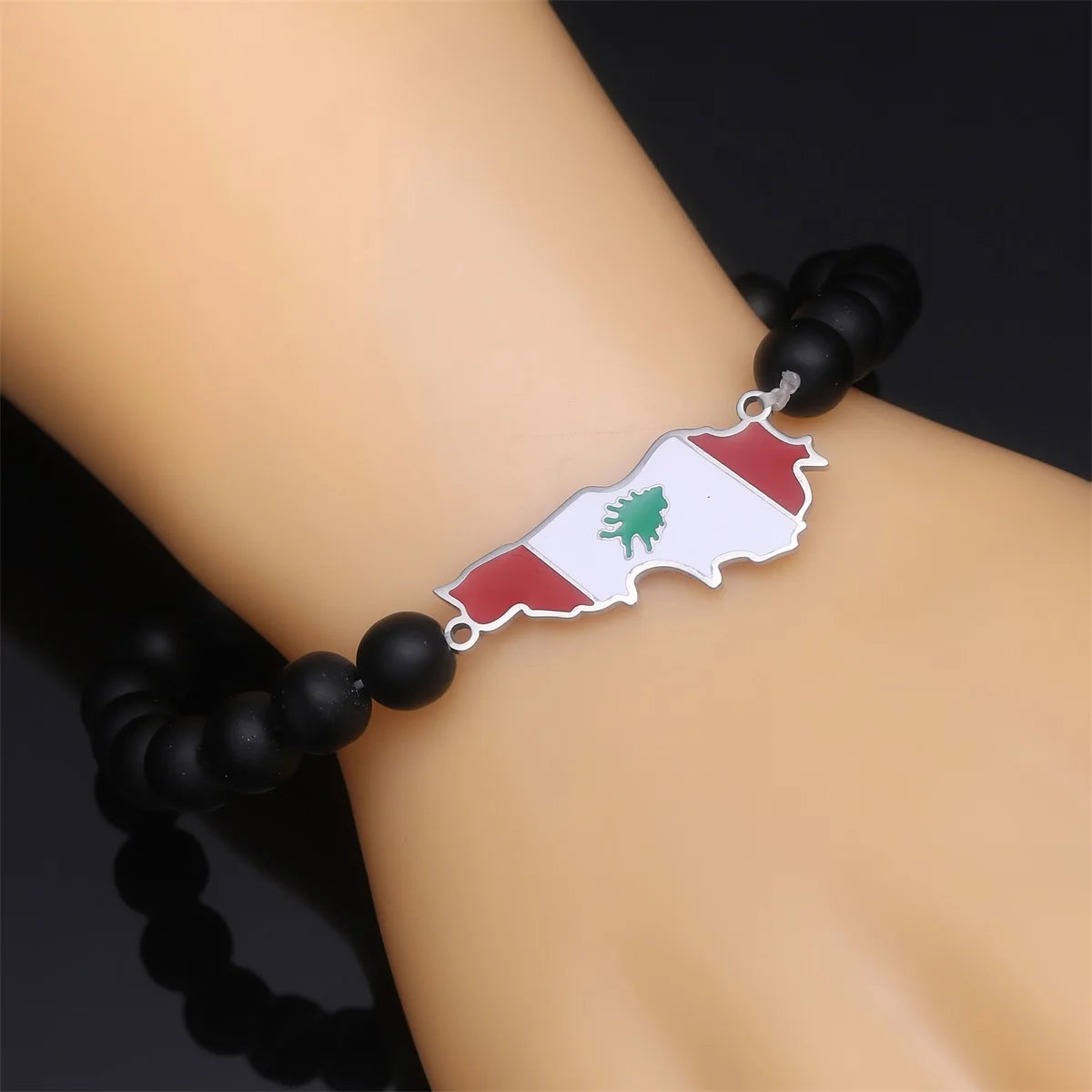 Lebanon Map With Flag Black Beads Bracelet