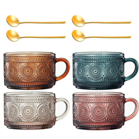 Colored Vintage Coffee Mug Set | Set of 4 | 15oz Unique Flower Hobnail Glasses, Overnight Oats Container with Gold Spoons - Embossed Cups Cute Coffee Bar Accessories, Glassware (Muted)-0