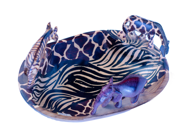 Handmade Animal Bowl with Elephant, Giraffe, and Zebra Figurines
