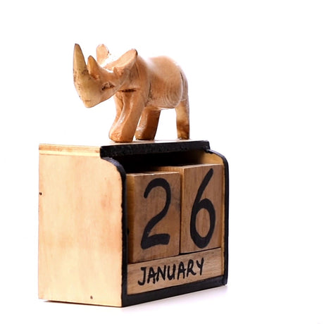 Handmade Wooden Box Calendar With Rhino Figurine 6
