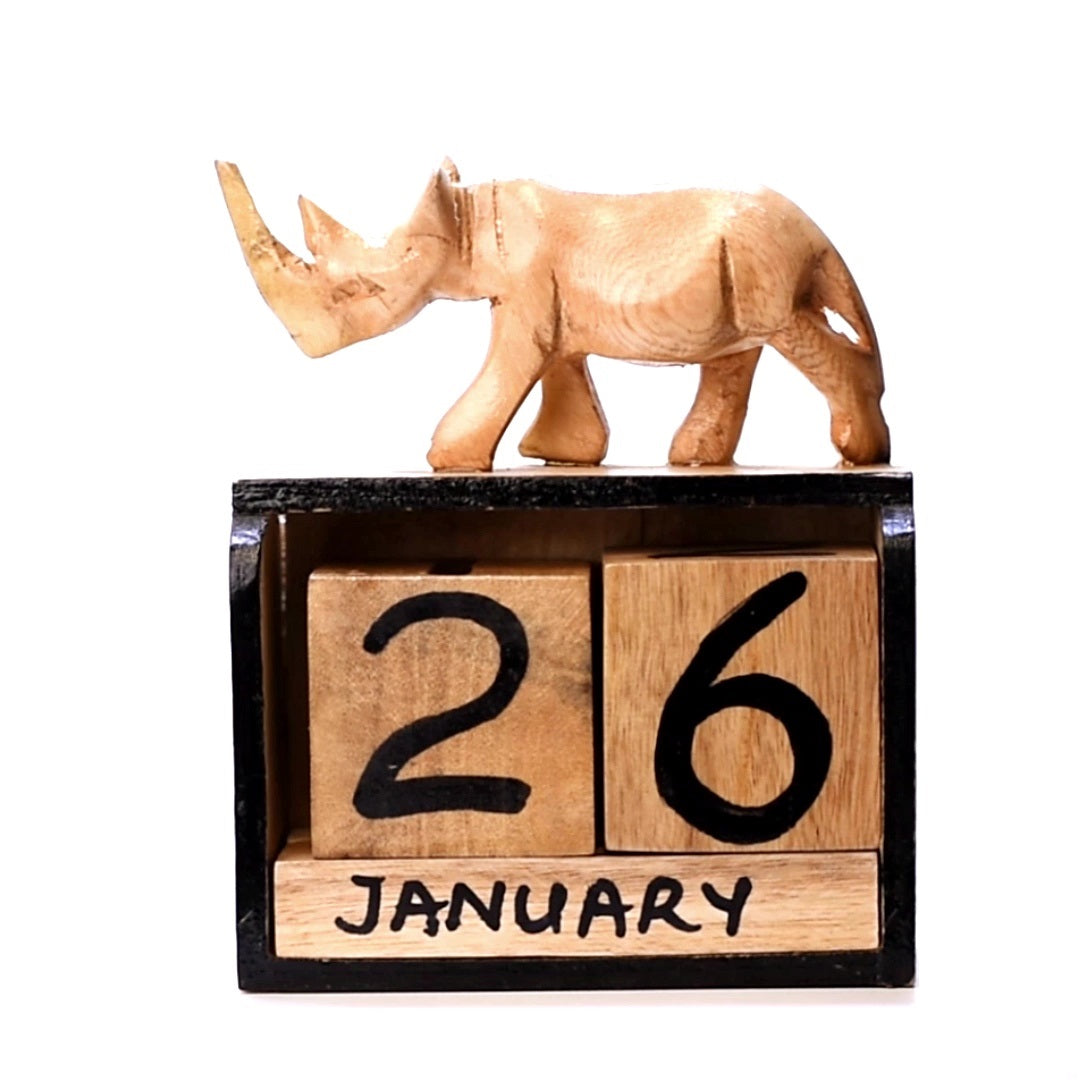 Handmade Wooden Box Calendar With Rhino Figurine