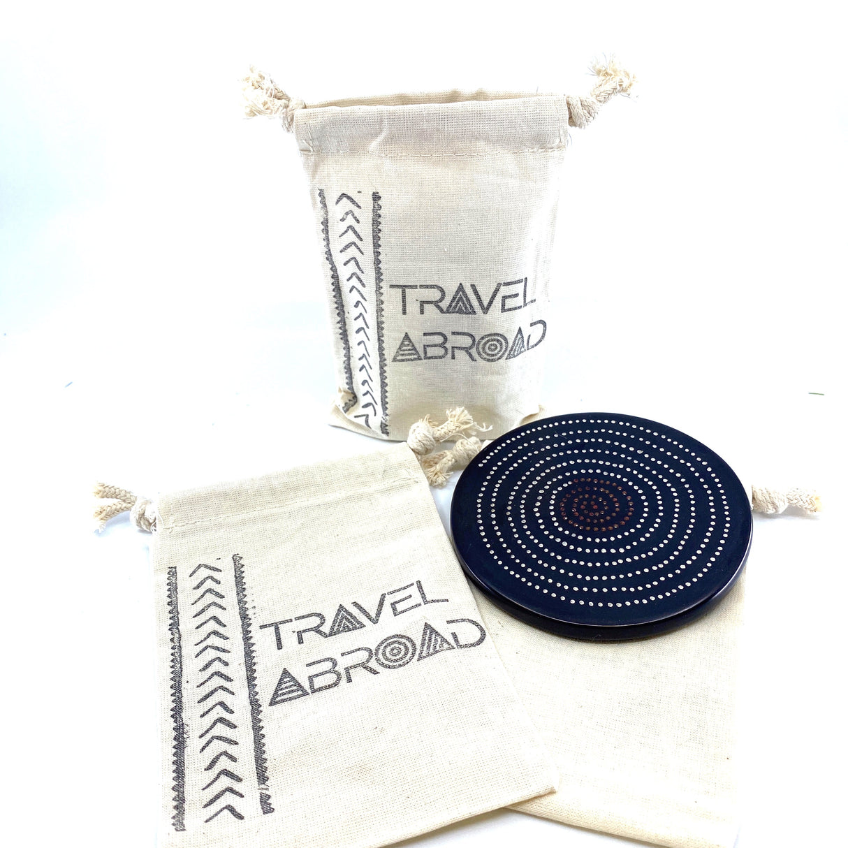 Hand Stamped, Travel Abroad, Cotton Drawstring Pouches 4" x 6"-1