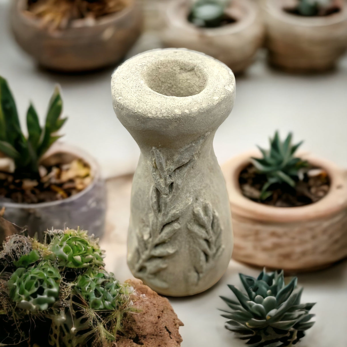 Cement Vase, Leafy Branches, Lightweight Concrete, Aircrete-2